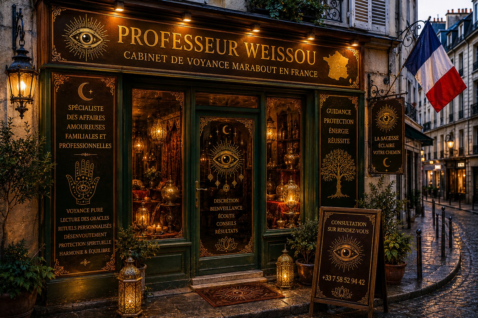 Devanture du cabinet de voyance Professeur Weissou à Paris